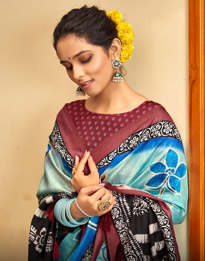 Sky Blue & Maroon Dola Silk Saree With Floral Printed Work