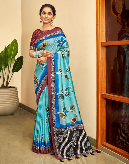 Sky Blue & Maroon Dola Silk Saree With Floral Printed Work