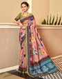 Peach & Mehndi Dola Silk Saree With Floral Printed Work