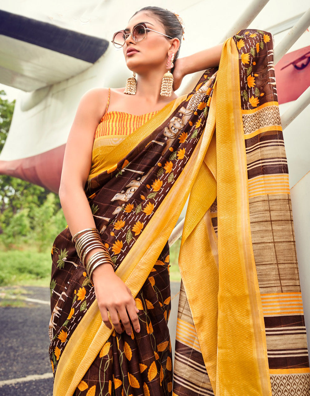 Brown & Yellow Muslin Tassar Cotton Khadi With Printed Work