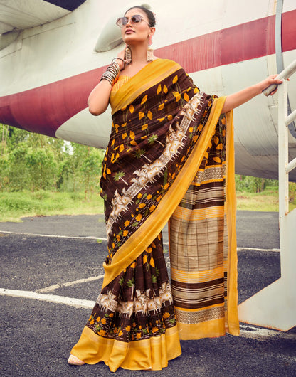 Brown & Yellow Muslin Tassar Cotton Khadi With Printed Work