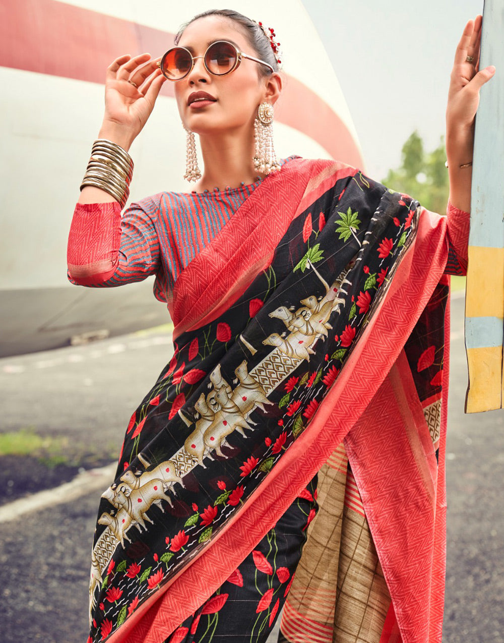 Black & Red Muslin Tassar Cotton Khadi With Printed Work