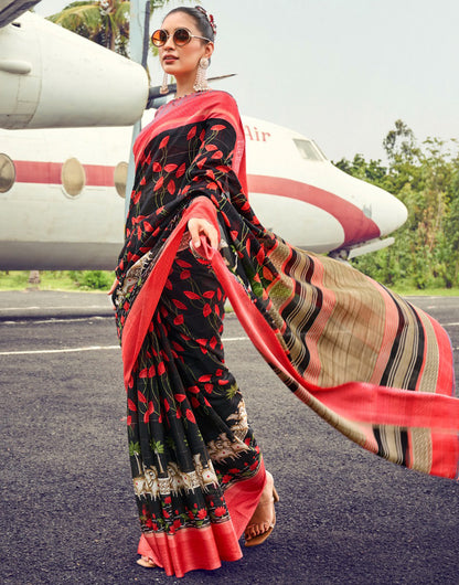 Black & Red Muslin Tassar Cotton Khadi With Printed Work