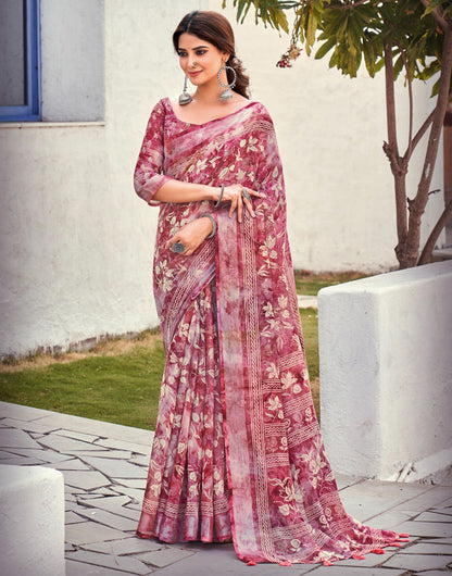 Rouge Pink Linen Silk Saree With Flower Printed Work