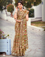 Camel Beige Linen Silk Saree With Flower Printed Work