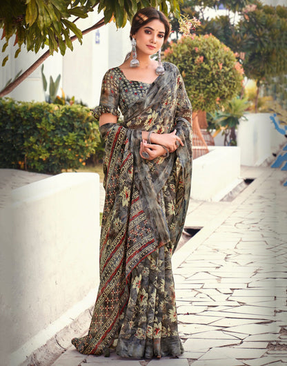 Dark Gray Linen Silk Saree With Flower Printed Work