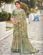 Moss Green Linen Silk Saree With Printed Work