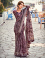 Raisin Purple Linen Silk Saree With Printed Work