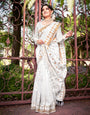 Pearl White Banarasi Saree With Weaving Work