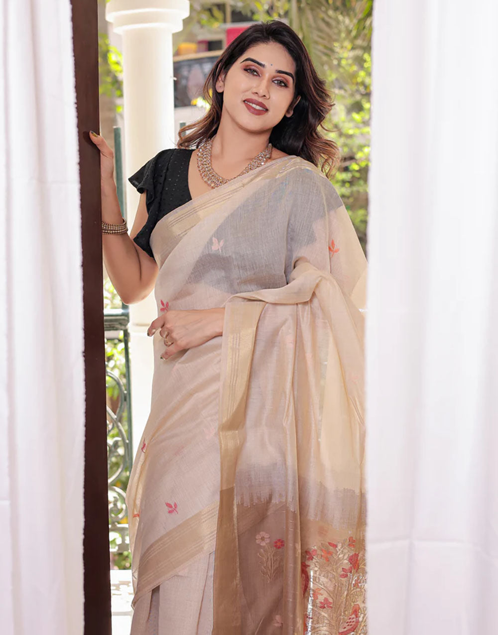 Cream Tan Soft Cotton Saree With Weaving Work