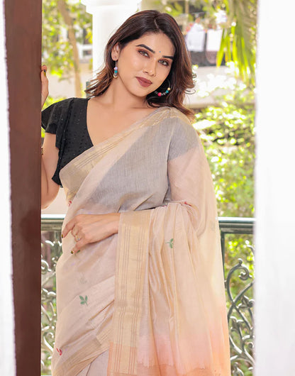 Cream Tan & Peach Soft Cotton Saree With Weaving Work