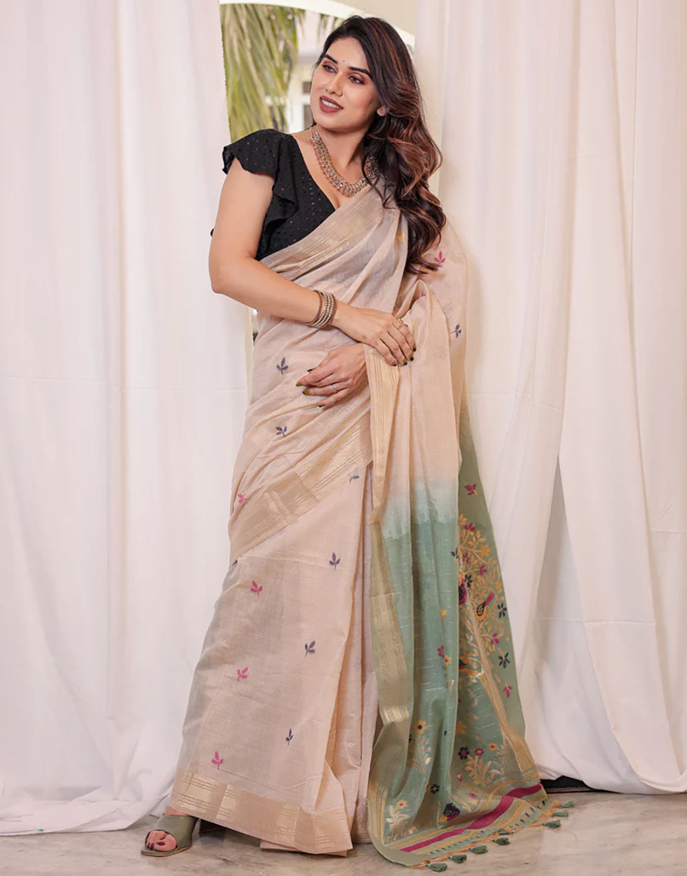 Cream Tan & Pista Green Soft Cotton Saree With Weaving Work