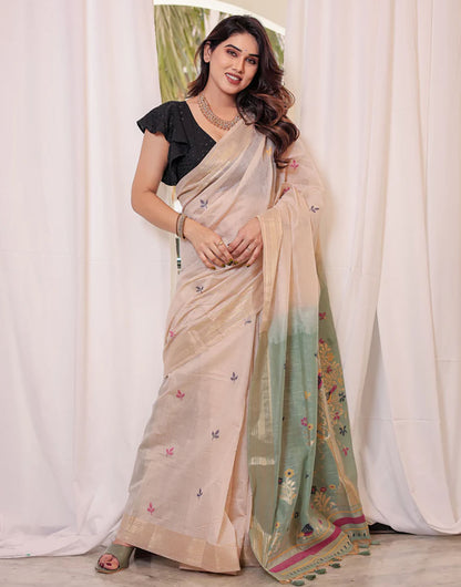 Cream Tan & Pista Green Soft Cotton Saree With Weaving Work