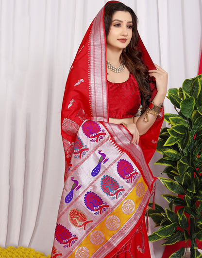 Red Soft Silk Saree With Zari Weaving Work