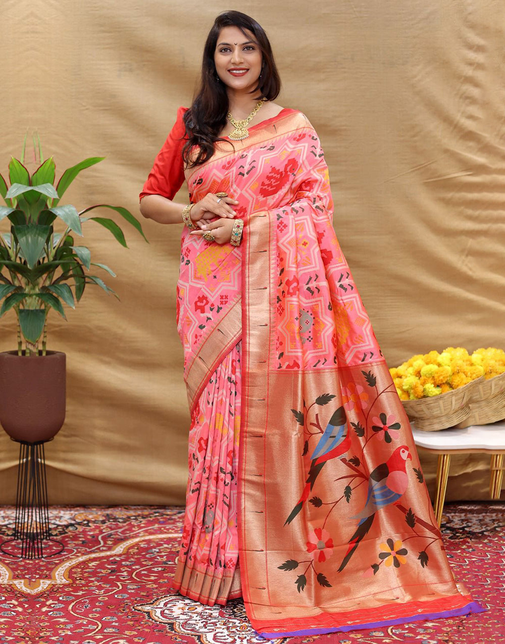 Light Pink Soft Paithani Silk Saree With Zari Weaving Work