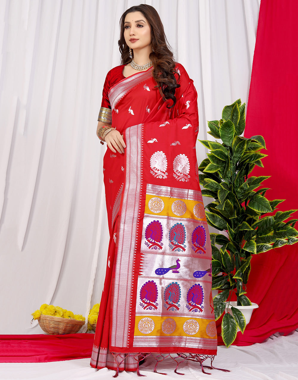 Red Soft Silk Saree With Zari Weaving Work