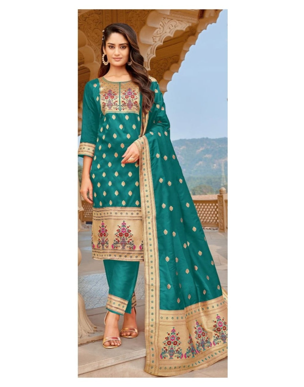 Teal Blue Paithani Soft Silk Salwar Suit