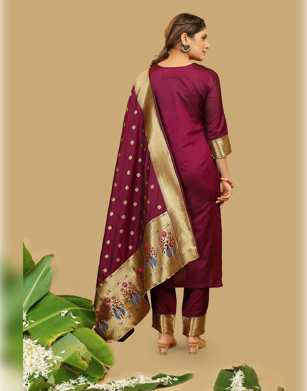 Wine Paithani Soft Silk Salwar Suit