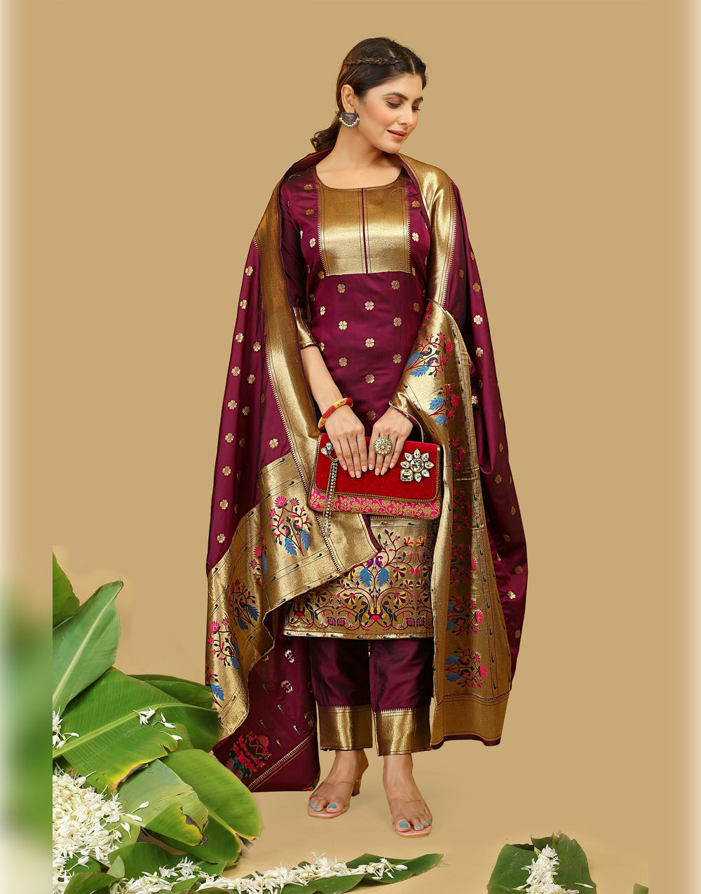 Wine Paithani Soft Silk Salwar Suit