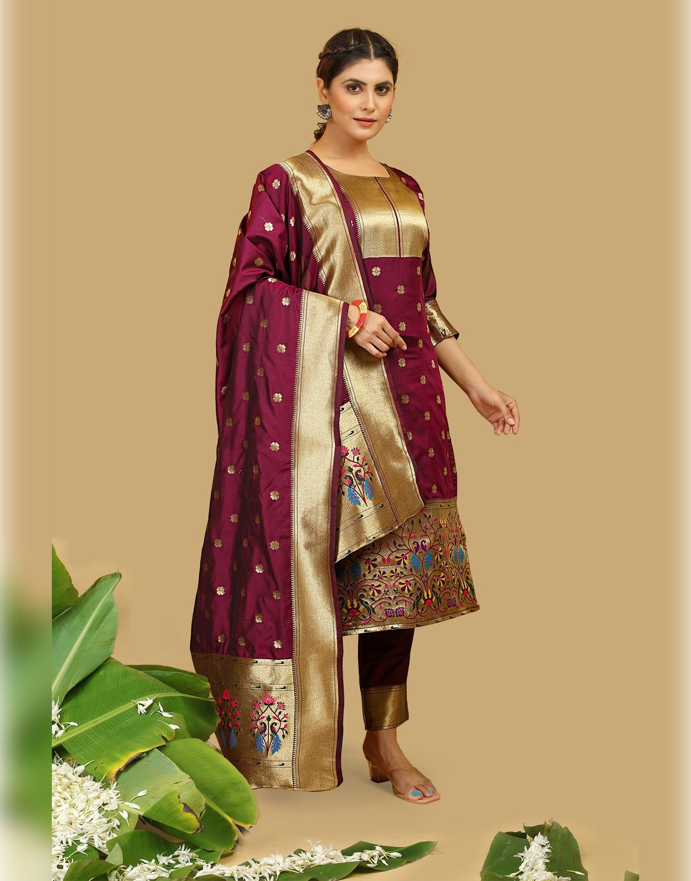 Brown Paithani Soft Silk Salwar Suit