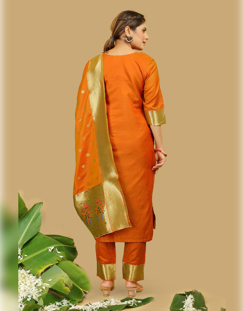 Orange Paithani Soft Silk Salwar Suit
