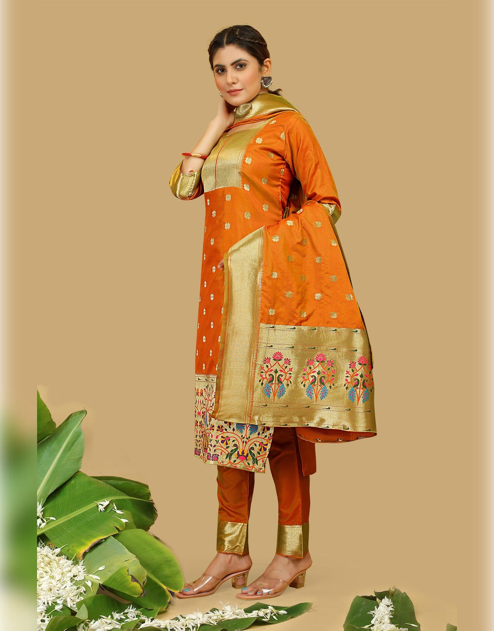 Orange Paithani Soft Silk Salwar Suit