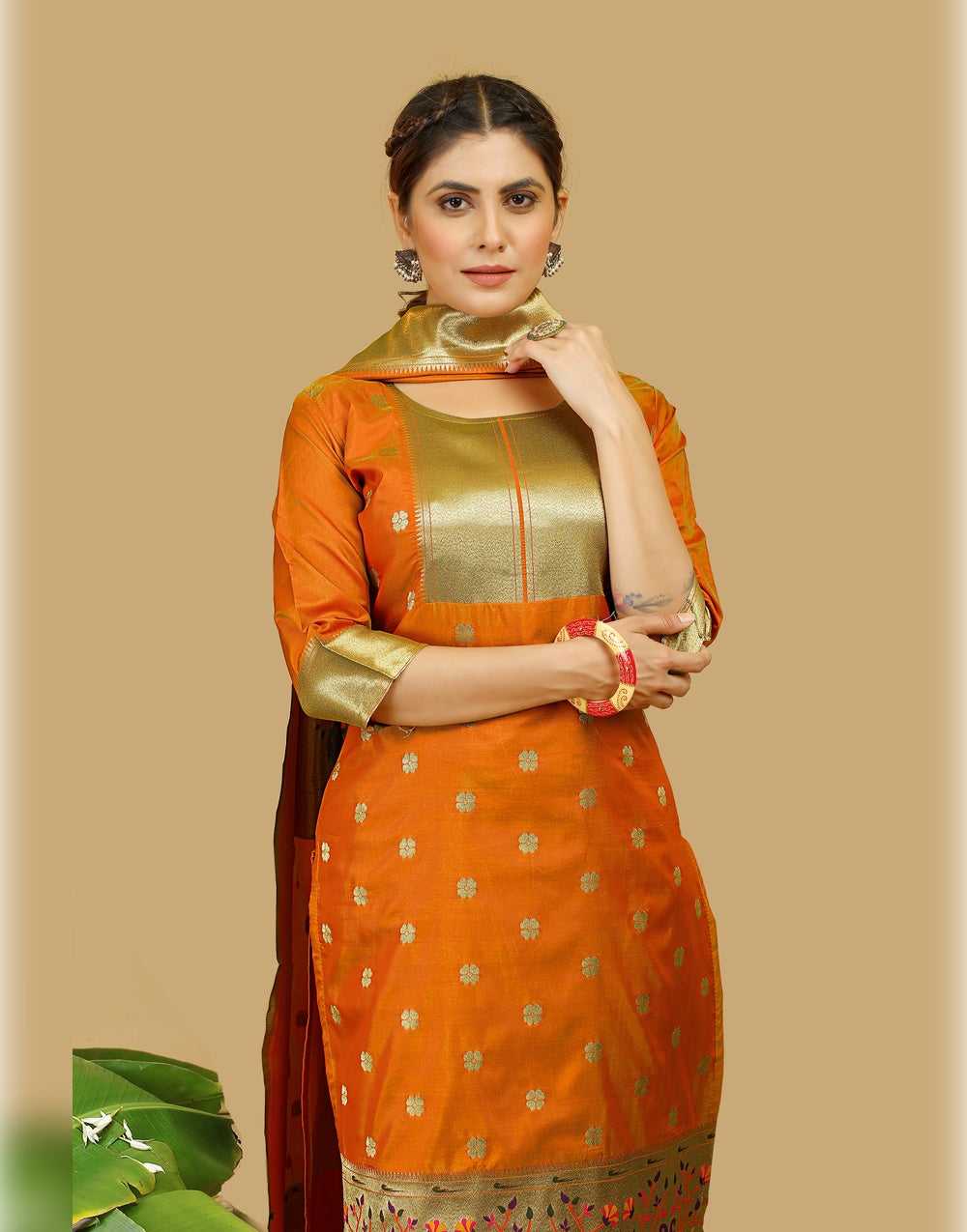 Orange Paithani Soft Silk Salwar Suit