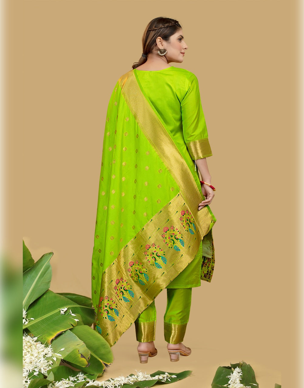 Parrot Green Paithani Soft Silk Salwar Suit