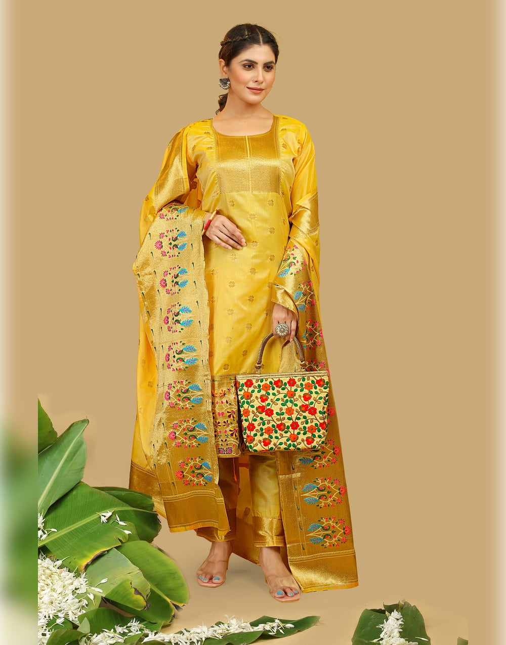 Yellow Paithani Soft Silk Salwar Suit