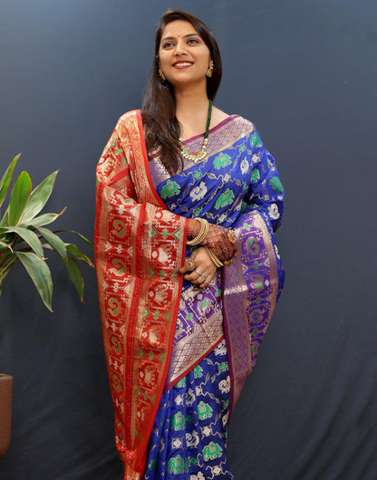 Blue Patola Silk Saree With Zari Weaving Work