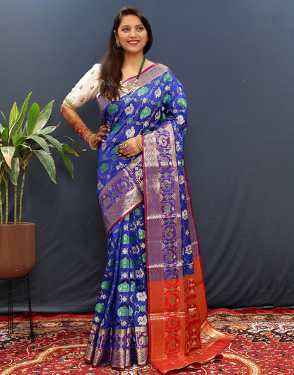 Blue Patola Silk Saree With Zari Weaving Work