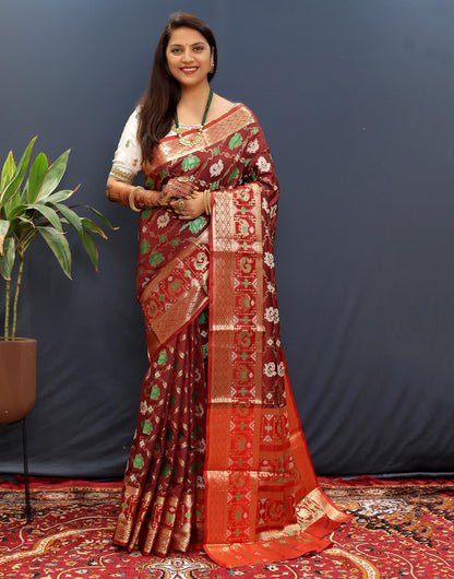 Royal Maroon Patola Silk Saree With Zari Weaving Work