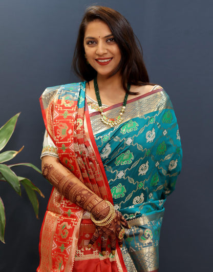 Teal Blue Patola Silk Saree With Zari Weaving Work