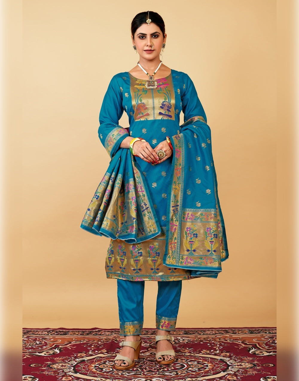 Firozi  Paithani Soft Silk Salwar Suit