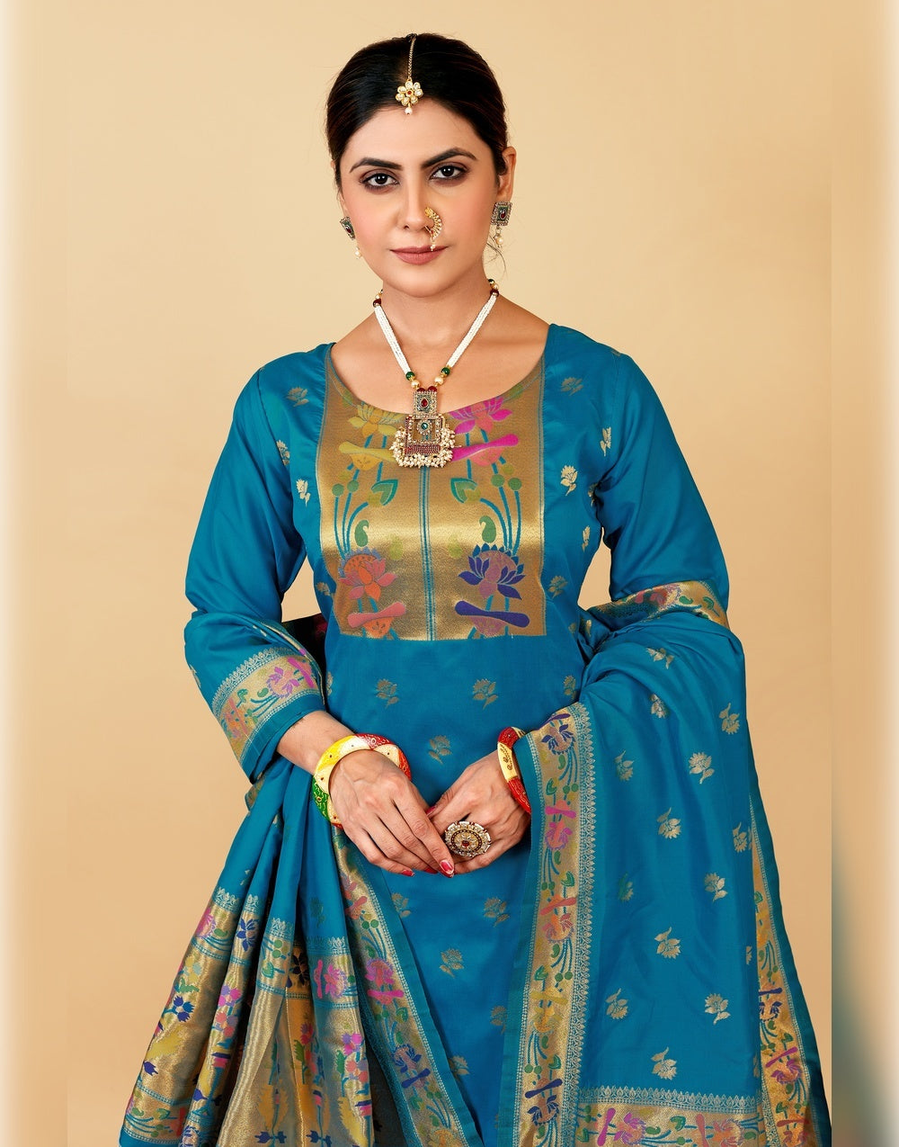 Firozi  Paithani Soft Silk Salwar Suit