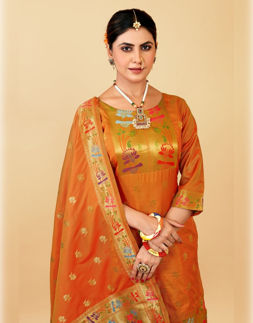 Orange Paithani Soft Silk Salwar Suit