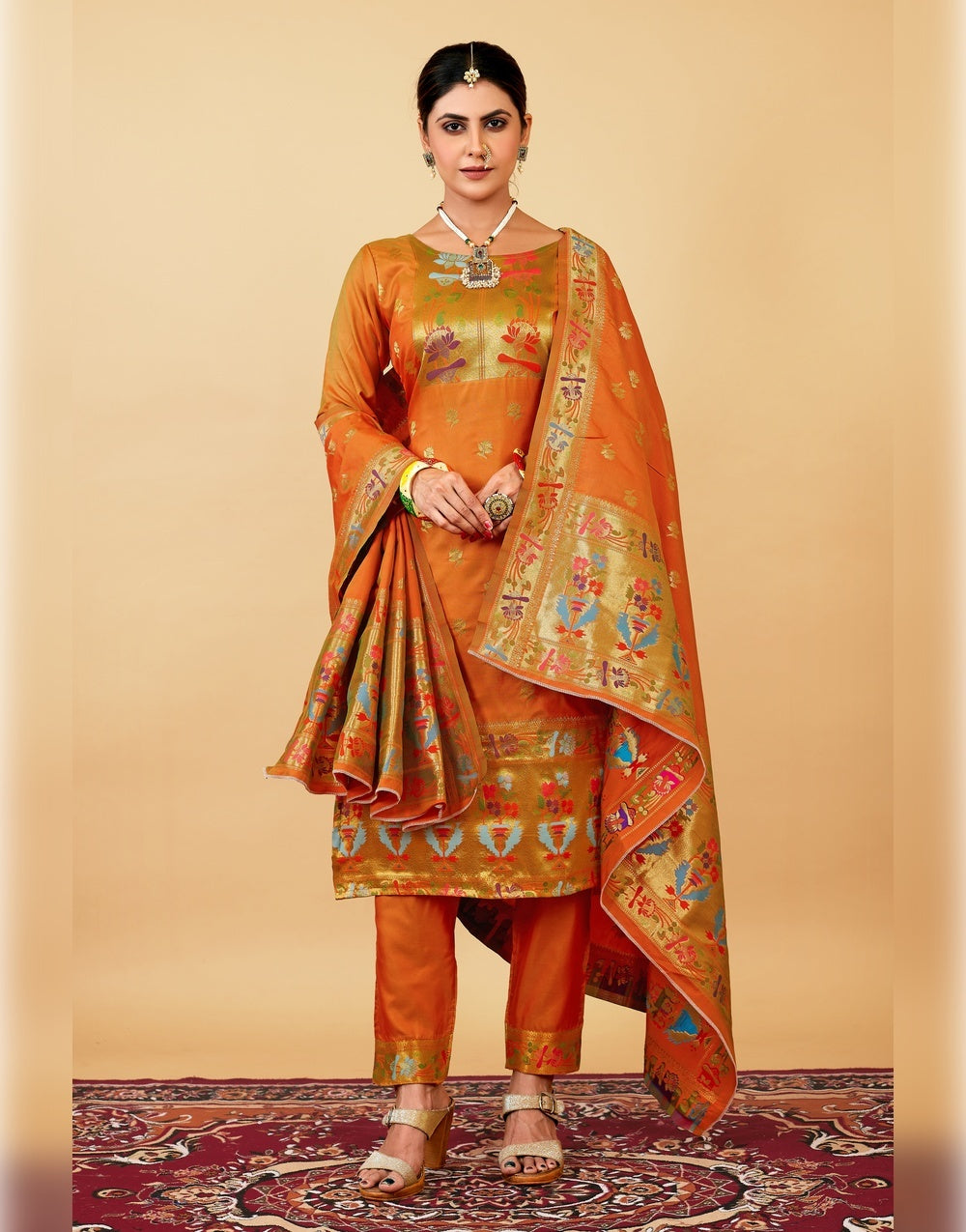 Orange Paithani Soft Silk Salwar Suit