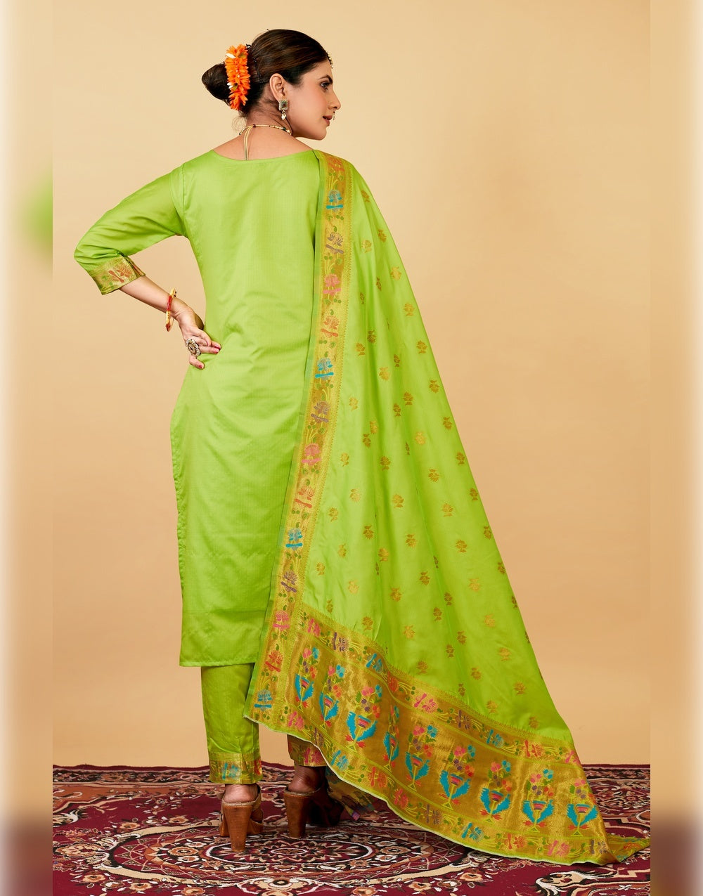 Parrot Green Paithani Soft Silk Salwar Suit