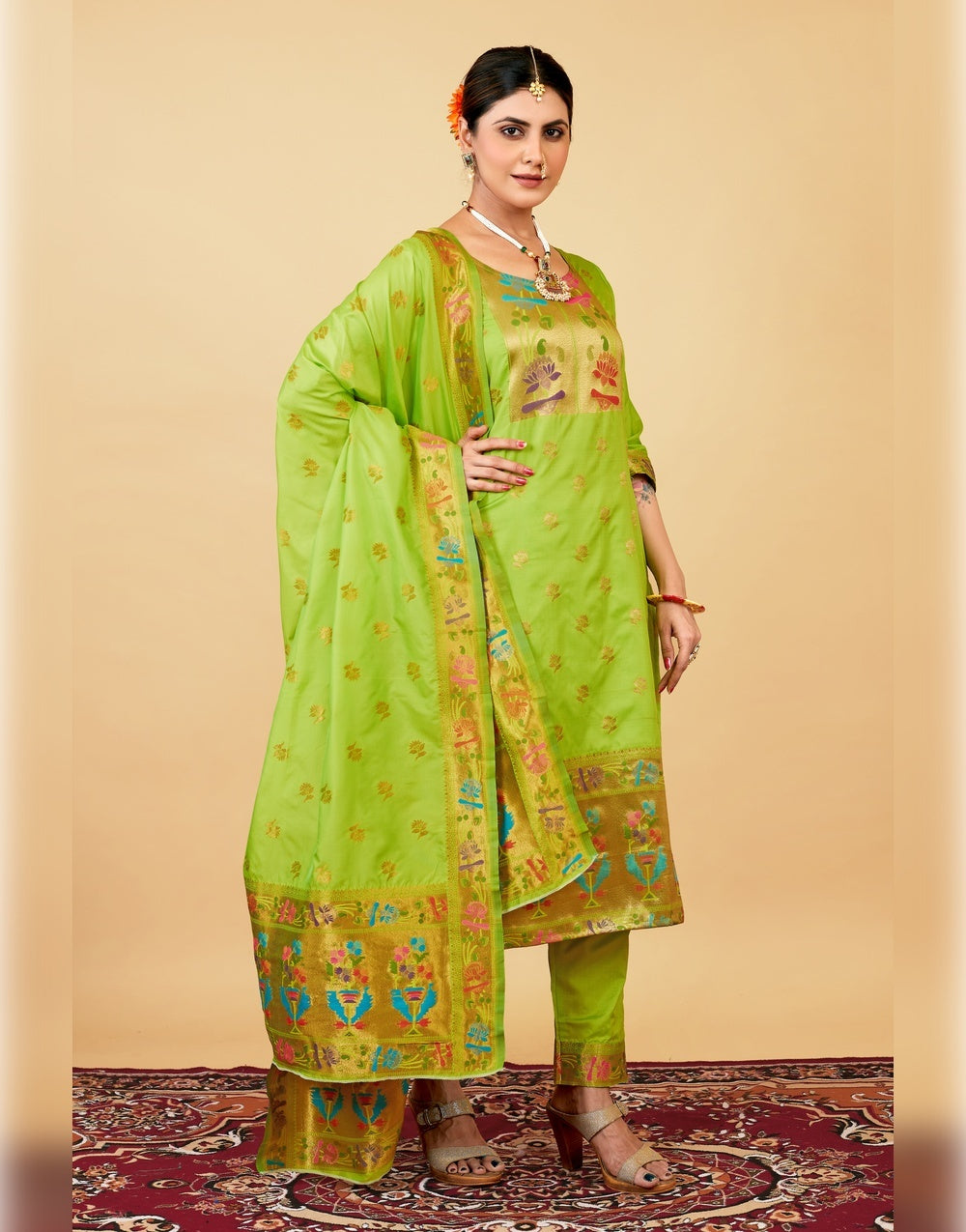 Parrot Green Paithani Soft Silk Salwar Suit