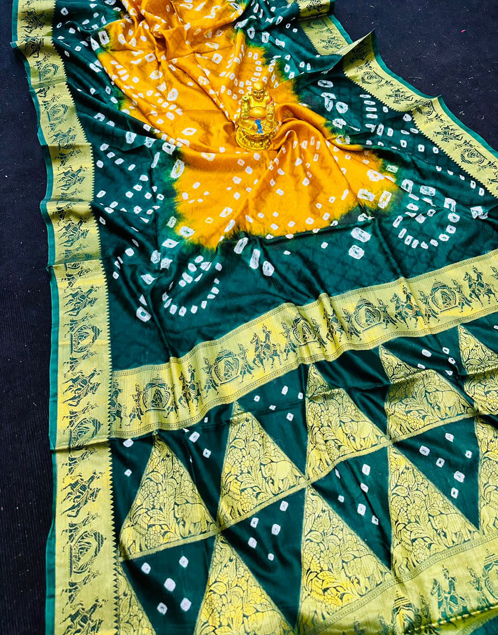 Yellow & Green Hand Bandhej Saree With Zari Weaving Work