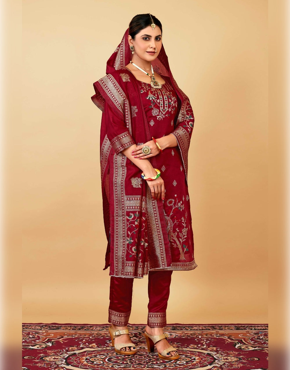 Maroon Paithani Soft Silk Salwar Suit