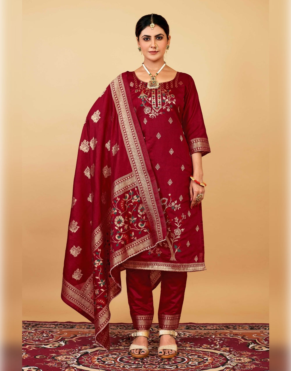 Maroon Paithani Soft Silk Salwar Suit