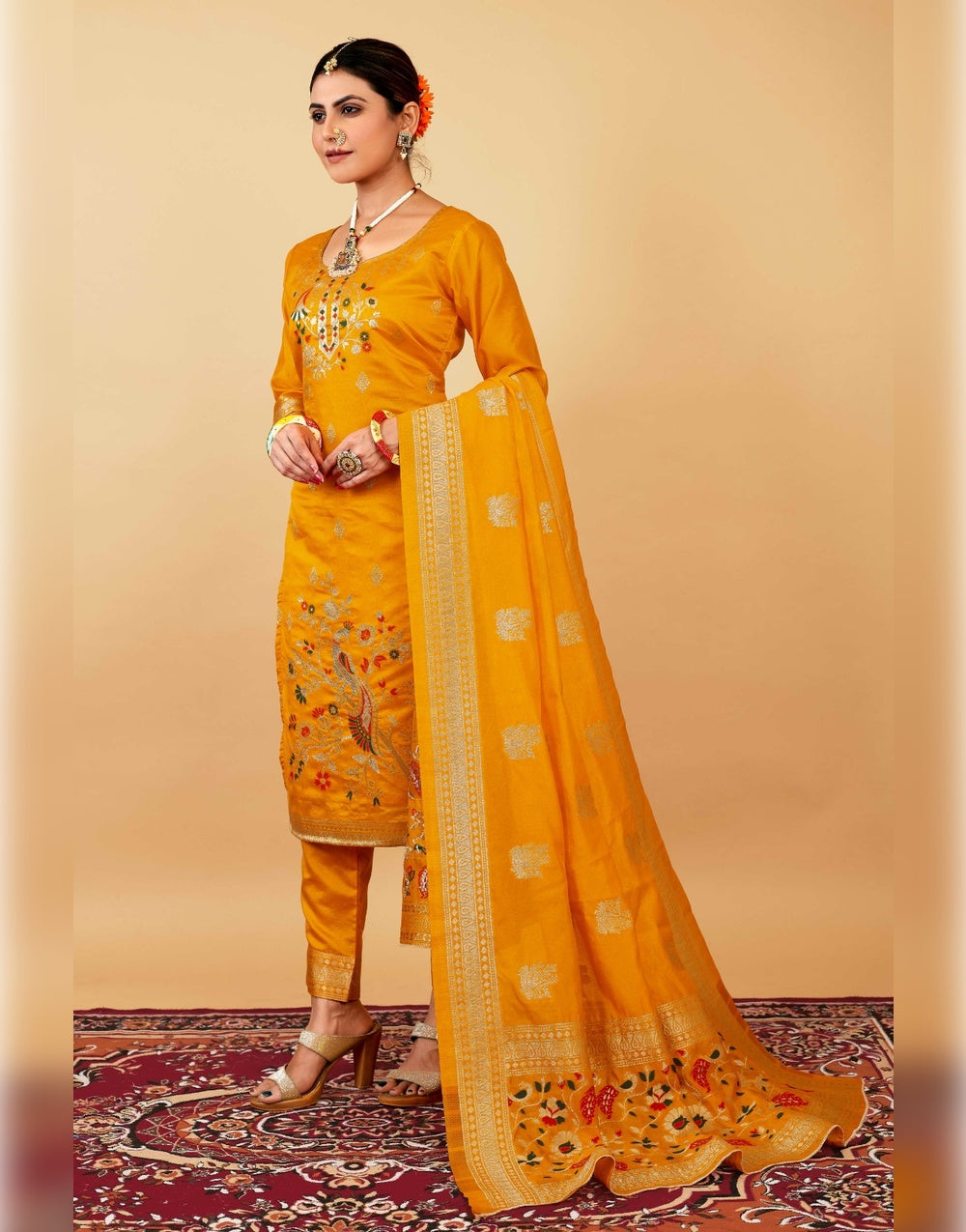 Orange Paithani Soft Silk Salwar Suit