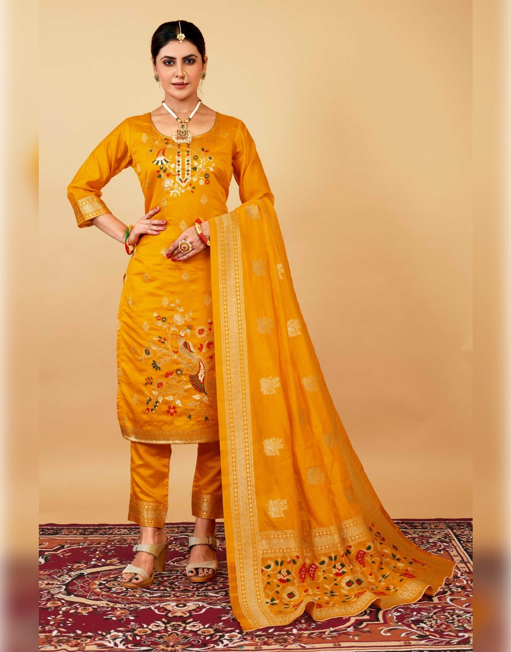 Orange Paithani Soft Silk Salwar Suit