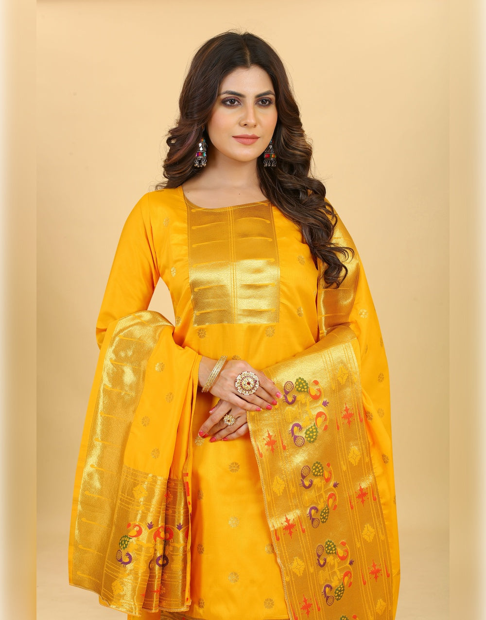 Mustard Yellow Paithani Soft Silk Salwar Suit