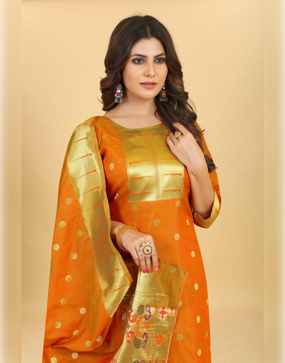 Orange Paithani Soft Silk Salwar Suit