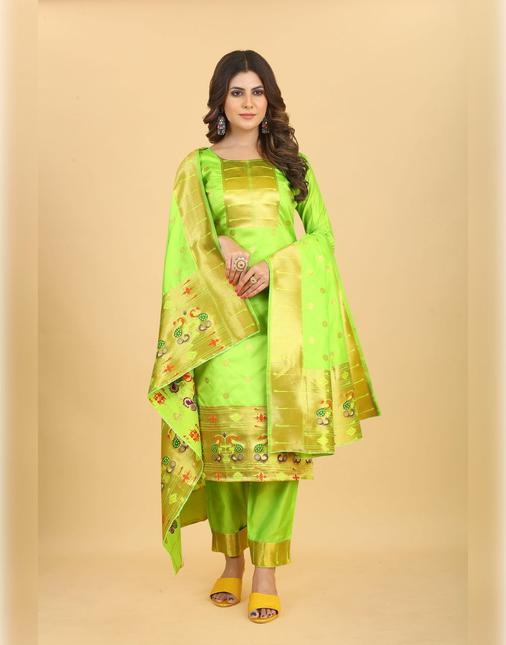 Parrot Green Paithani Soft Silk Salwar Suit