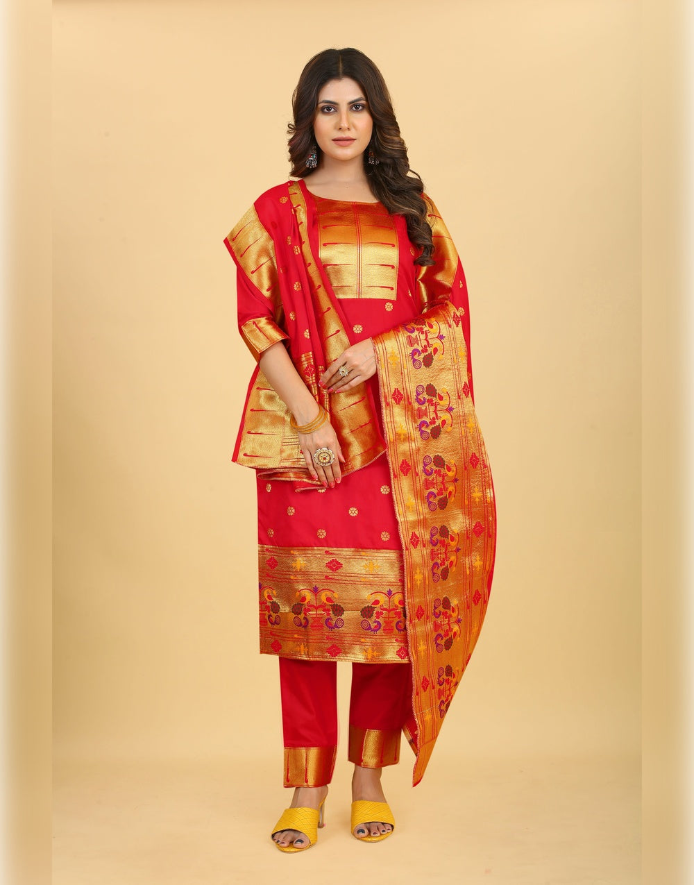 Red Paithani Soft Silk Salwar Suit