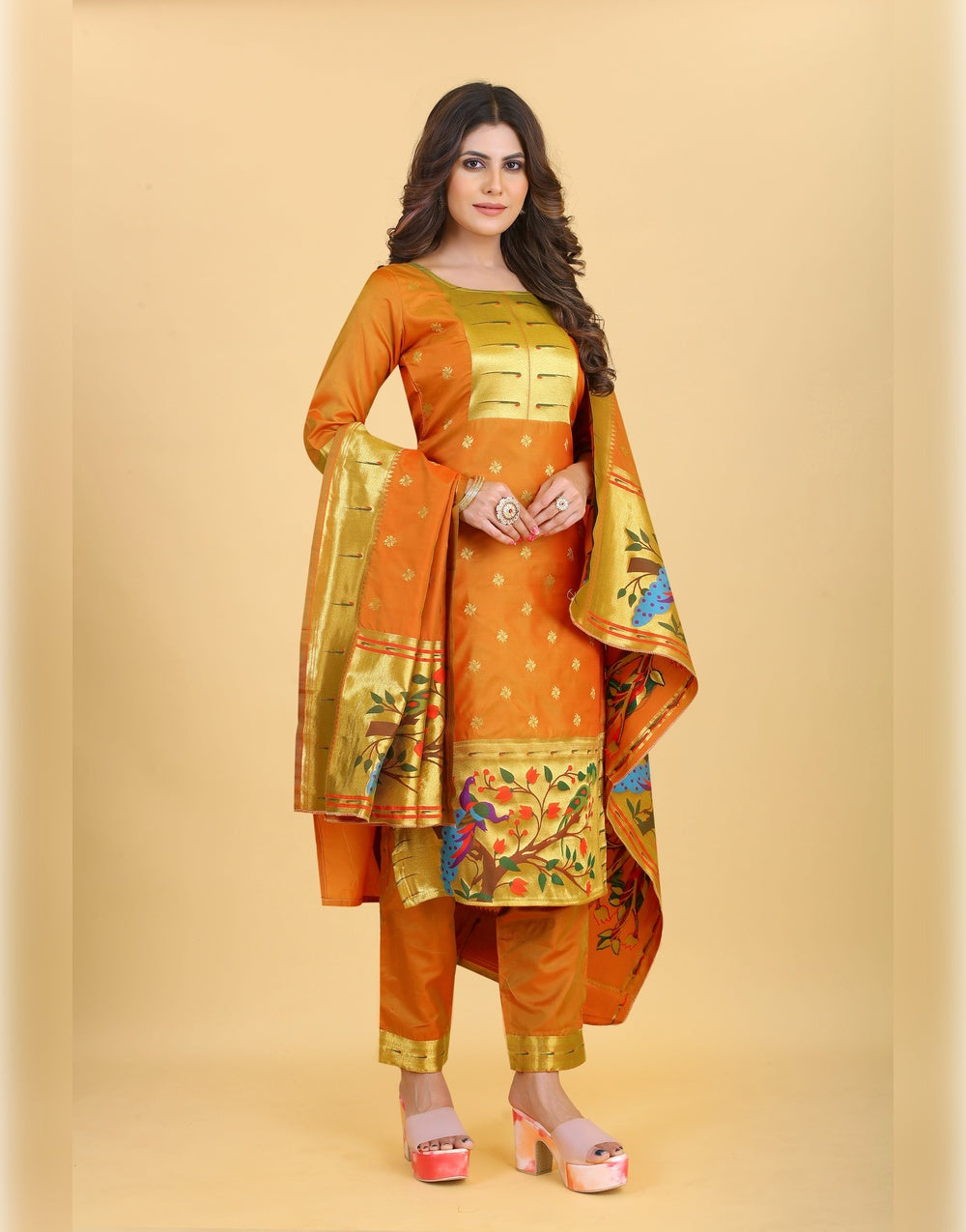 Orange Paithani Soft Silk Salwar Suit