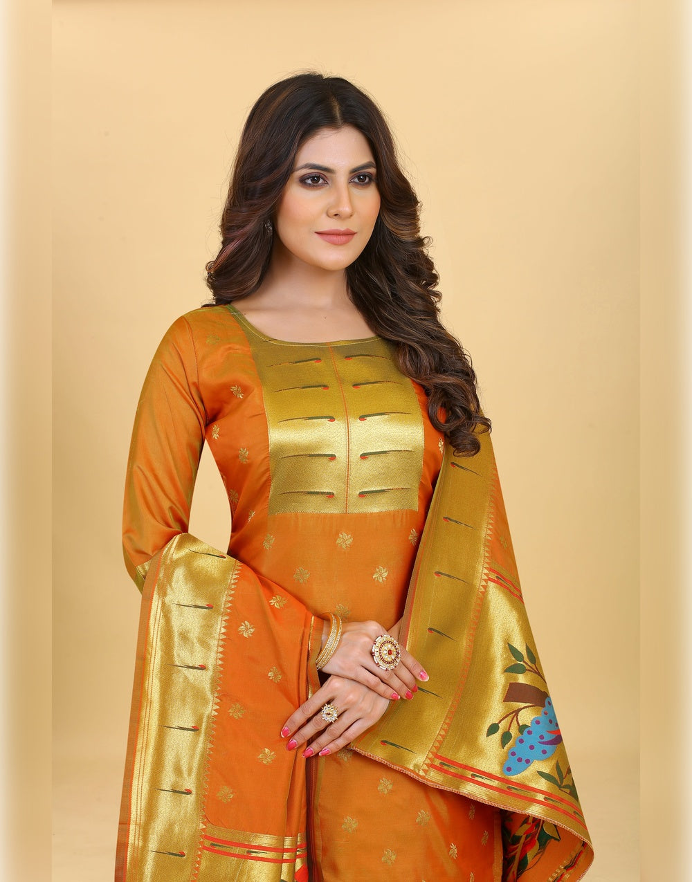 Orange Paithani Soft Silk Salwar Suit